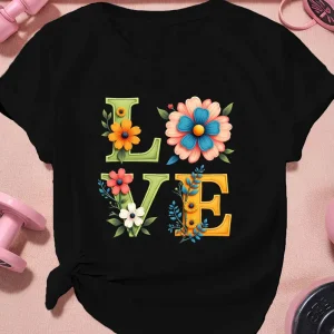 Women's Plus Size Floral LOVE Graphic T-Shirt - Non-Stretch Crew Neck Top