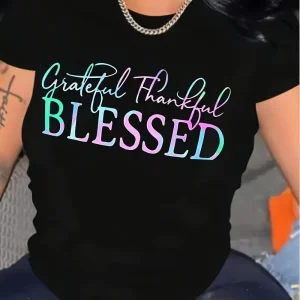 Women's Casual Short Sleeve Crew Neck T-Shirt - Grateful Thankful BLESSED Gradient Color Print