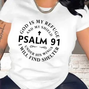 Women's White Bible Verse Psalm 91 Graphic T-Shirt - Loose Fit Crew Neck Casual Everyday Top