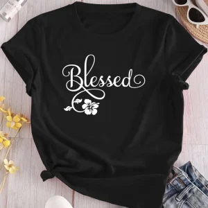 Women'S Light Green "Blessed" Letter Print T-Shirt - Crew Neck Casual Loose Fit Short Sleeve Top with Floral Accents
